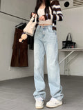 Tineit Vintage 90s Jeans Women Y2k High Waist Light Blue Straight Pants Casual Streetwear Distressed Loose Floor Length Trousers