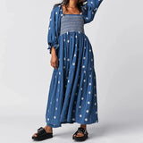 Tineit Bohemian Floral Dress Women Square Neck Ruffle Swing A Line Maxi Dress Long Sleeve Beach Style Holiday Lady Club Party Dress