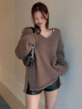 Tineit Brown V-neck Sweaters Autumn Retro Knitted Jumper Tops Y2K Harajuku Casual Women Basic Loose Pullover Korean Style 2024