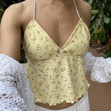 Tineit Eyelet Embroidery Floral Print Halter Camis Tops Women Sleeveless Slim Fit Vest Fairy Coquette Y2K Backless Tie Up Crop Tops