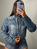 Tineit Tracksuit Matching Sets Sexy Denim Spliced Shorts Long Sleeve Zipper Distressed Washed Jackets Short Sets Skinny Streetwear