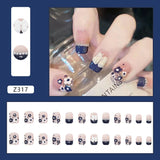 Tineit-Fall nails Christmas nails 24Pcs/Set Short Square Fake Nails Blue White Butterfly Pearl Nail Arts Manicure False Nails With Design