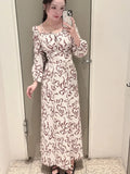 Tineit Lace-Up Bow Print Vestidos Slash Neck Off Shoulder Dress Long Sleeve Dresses Japanese Vestido 2025 Spring New Ropa Mujer