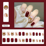 Tineit-Fall nails Christmas nails 24pcs Press on False Nails Set Cartoon Animal Decal Fake Nails Art  Full Cover Artificial Short Nail Tips With Wearing Tools