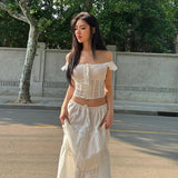 Tineit Y2K Off The Shoulder Ruched Crop Top Long Skirt Women'S Sets Summer Casual Elegant Ladies 2024 Korean Popular Clothes