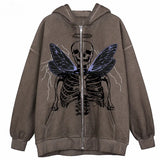 Tineit Y2K Aesthetic Zip Up Sweatshirts E-girl Gothic Grunge Emo Skeletons Wings Print Oversized Hoodies Autumn Long Sleeve Coat Top