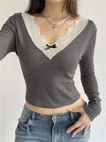 Tineit Y2K Tops Women Spring Long Sleeve V Neck Lace Stitching Crop Top Casual Slim Gray Basic Knitted T Shirt Vintage 2000s Camisetas