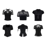 Tineit Goth Lace Mesh Short Sleeves T-Shirts Y2K Vintage Aesthetic Sexy See Through Black Lace-up Corset Crop Tops Women Summer Tees