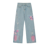 Tineit Women Vintage Baggy Blue Embroidery Jeans 90s High Waist Denim Trouser Harajuku Retro Korean Y2k Wide Cowboy Pants 2000s Clothes