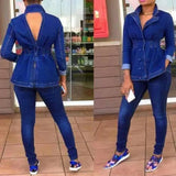 Tineit Casual Denim Jeans 2 Piece Set Suit Women Denim Two Pieces Set V-Neck Long Sleeve Jeans Top&Long Pants Slim Tracksuit Outfits