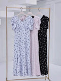 Tineit  Fresh Flower Print Vestidos Ruched Sleeve Women 2025 Dress Fishtail Vestido Summer New Mermaid Dresses Japan V-neck Robes