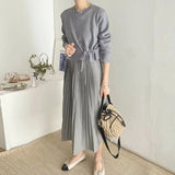 Tineit  Pleated Vestidos Mujer Strap Vestido Korean Chic Ropa Mujer Spring Dresses Women with O-neck Drawstring Pullover Sweater