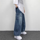 Tineit Y2k Vintage Baggy Jeans for Women Autumn Loose Pockets Elastic Waist Denim Wide Leg Pants Japanese Streetwear Trousers