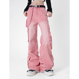 Tineit American Retro High Waist Oversized Jeans For Women Casual Baggy Y2K Pockets Pants Wide Leg Grunge Streetwear Pink Denim Trouser