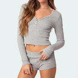 Tineit Solid Color Ribbed V-Neck Long Sleeve Crop Tops T-shirt and Shorts Sleepwear Outfits Women Pajamas Set 2 Pieces Loungewear Suits