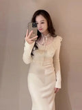 Tineit Lace Knit Vestidos Stand Collar Long Sleeve Dress Bandage Vestido Japanese High Waist Dresses Spring 2025 New Ropa Mujer