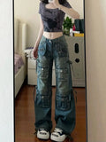 Tineit American Retro Overalls Jeans Female Y2K Street Fashion Trend Gothic Heavy Industry High Waist Leisure Wide Leg Straight Pants