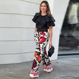 Tineit Two Pieces Pant Sets Print Pullover Tops Wide Leg Pants Loose Casual Women Matching Sets Ruffles 2024 Pockets Ankle Length