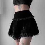 Tineit Goth Black Lace A-Line Mini Skirts for Women Y2K Vintage Bandage Lolita Summer Skirt Gothic Faldas Clothes 90s Streetwear