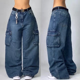 Tineit Y2K Baggy Jeans Womens New Multi-pocket Washed Vintage Jeans Harajuku Oversized Denim Pants High Waist Wide Leg Pants Trousers