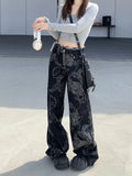 Tineit American Fried Street New Design Dragon Print Jeans Y2K High Street Fashion Casual Spice Girls Baggy Wide-leg Pant Men And Women