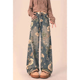 Tineit Vintage Floral Print High Waist High Street Blue Straight Jeans Pants Korean Fashion Women's Wide Leg Baggy Y2K Denim Trouser