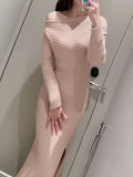 Tineit Skew Collar Split Knit Vestidos Japan Style Dress Elegant Bodycon Vestido Full Sleeve Dresses Spring 2025 New Ropa Mujer