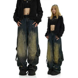 Tineit American New Heavy Industry Old Washed Jeans Deconstruction Splicing Women Y2K Harajuku Vintage Straight Wide-leg Pants Women