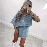 Tineit Two Piece Sets Women Cowboy Outfits Casual Shirt Polo Neck Pockets Spliced Shorts Skirt Irregular Suits Summer Female Ensemble