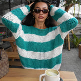 Tineit Y2K Vintage Lounge Knitwear Casual Loose Fit Striped Sweater Autumn Winter O Neck Long Sleeve Pullover Tops Aesthetic Streetwear