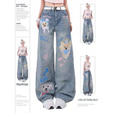 Tineit Blue Jeans Women Graffiti High Waist American Wide Leg Pants Y2K Style Fashion Streetwear Female Pants Winter Straight Trousers