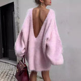 Tineit 2024 Autumn Long Sleeve Sexy Big Backless Knitted Sweater Dress For Women Fashion Solid Loose Sweater Pullover Streetwear