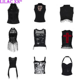 Tineit Y2K Goth Butterfly Print Corset Crop Tops Sexy Lace Mesh See Through Hollow Out Sleeveless Tank Tops Summer Women Slim Camis