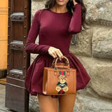 Black Friday Tineit Elegant Folds Backless Long Sleeve Dress For Women Slim Fit Ball Gown Mini Dress Patchwork Solid Female Autumn New 2024