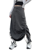 Tineit Retro Women Long Cargo Pocket Baggy Skirts Side Drawstring Low Rise Solid Pockets Hip Hop Straight Skirts Y2k Streetwear