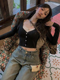 Tineit Y2K Lace Patchwork T-Shirt Women Spring Long Sleeve Button Crop Top Korean Fashion Fairycore Sweet All-match Slim Fit Streetwear