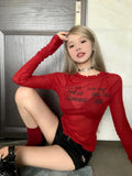 Tineit Vintage Red Women Long Sleeve T-shirt Transparent Letter Print Tee Shirt Female Korean Fashion Spring Summer E-girl Tops