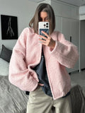 Tineit Pink Short Fur Jacket Coat For Women Autumn Winter Casual Stand Collar Pocket Loose Fashion Long Sleeve Jacket Top Female