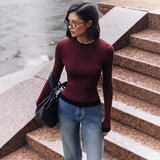 Black Friday Tineit Fall Winter Contrast Color Knitted Sweater Female Long Sleeve Thin Knitted Bottoming Stitching Rabbit Fleece Pullover Top