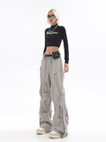 Tineit Y2K Pleated Grey Cargo Pants Women Streetwear Korean Oversize Wide Leg Baggy Pants Hip Hop Jogger Trousers Elastic Waist