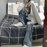 Tineit 2024 New American Detachable Zipper Jeans Men And Women Y2k High Street Fashion Casual Straight Tooling Pants Tide Streetwear