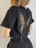 Tineit- Harajuku Lace Butterfly Crop Tshirts Women Vintage Streetwear Sexy Black Mesh Tops Aesthetic Hollow Grunge Tees Summer