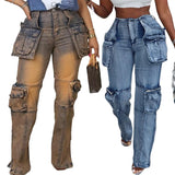 Tineit Vintage Washed Distressed Women Jeans Ankle Length Spliced Cargo Pants Denim Pockets High Waist Streetwear Loose Fit 2024