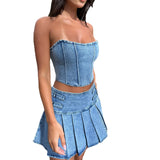 Tineit Denim Dress Sets Strapless Pullover Tops Solid Pleated Mini Skirts Spliced High Waist Skirt Matching Sets Streetwear Autumn