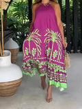 Tineit-Women Dress A Line Long Dresses Print Halter Sleeveless Elegant Splice Beach Casual Loose Summer Sexy Backless Vestidos