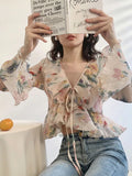 Tineit Floral Print Chiffon Blouses Women Summer Flare Sleeve V Neck Ruffles Shirts Ladies Elegant Vintage Sweet Lace Up Irregular Tops