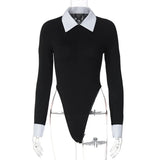 Black Friday Tineit Polo Collar Sexy Slim Bodysuits For Women Long Sleeve Waist Hollow One-Piece Bottoming Top Contrast Color Autumn Fashion