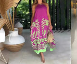 Tineit-Women Dress A Line Long Dresses Print Halter Sleeveless Elegant Splice Beach Casual Loose Summer Sexy Backless Vestidos