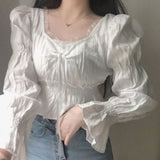 Tineit French Style Chiffon Blouse Women Spring Summer Puff Sleeve Lace Up Ruffles Shirts Elegant Korean Fashion Preppy Style Sweet Top