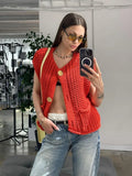 Tineit Fashion Sleeveless Knitted Cardigan Vests For Women Autumn New Short Sweater Button With Pockets Solid Color Knitted Top